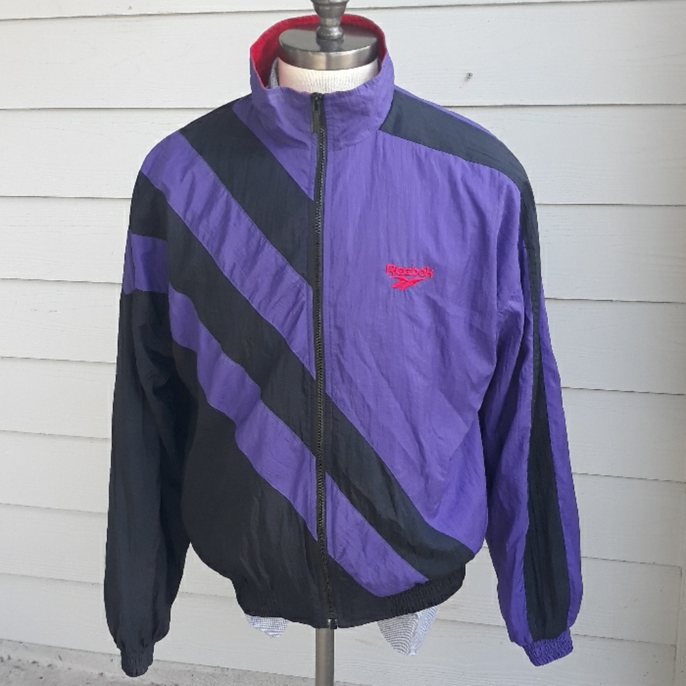 REEBOK Rare Full Zip Purple Black Medium Nylon Windbreaker Streetwear Jacket VTG